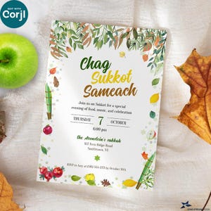 Chag Sukkot Sameach Invitation template, Botanical Holiday invite, Editable digital download or printed cards, lulav and etrog, Jewish art