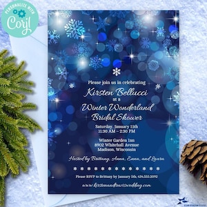 Snowflake Blue Bokeh Winter Bridal Wedding Shower Invitation | 2-sided, 5x7 | Editable Digital Printable Template | Edit Online & Print