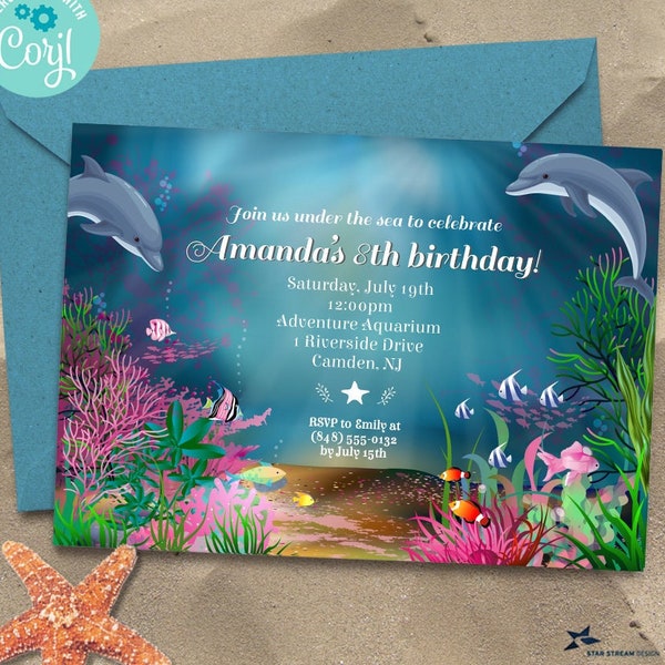 Ocean Reef Under the Sea with Dolphins Birthday Party Invitation | 2-sided, 7x5 | Digital Editable Printable Template | Edit Online & Print