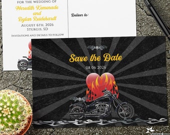 Burning Love Biker Motorcycle Save the Date Postcard | two-sided 6"x4" postcard | Editable Digital Printable Template | Edit Online & Print