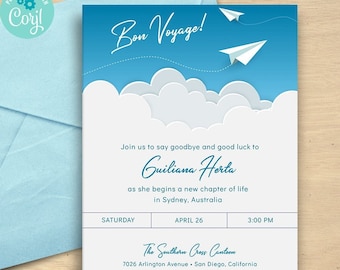 Paper Airplane Going Away Farewell Party Invitation; Retirement, Graduation | 2-sided, 5x7 | Editable Digital Template | Edit Online & Print