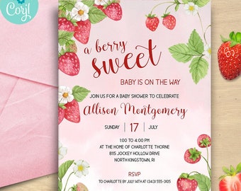 Strawberry Baby Shower Invitation: Watercolor Berry Sweet Theme (Digital Printable Template)