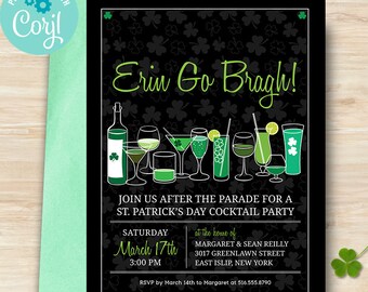 Retro Cocktails St Patrick's Day Party Invitation | 5x7, Two sided | Editable Digital Printable Template | Edit Online & Print