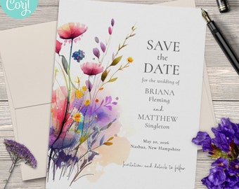 Watercolor Wildflowers Wedding Save the Date Card | Choose 5x7 or 4.25x5.5 sizes | Editable Digital Printable Template | Edit Online & Print