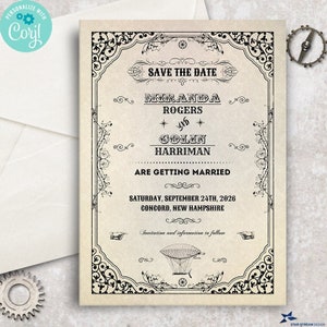 Victorian Steampunk Save the Date A7 Flat Card | 5x7 | Editable Digital Printable Template | Edit Online & Print