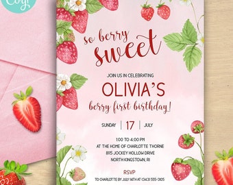 Sweet Strawberries Watercolor Birthday Party Invitation | 2-sided, 5x7 | Editable Digital Printable Template | Edit Online & Print Yourself