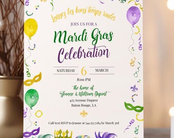 Watercolor Mardi Gras Objects Party Invitation | 2-sided, 5x7 | Editable Digital Printable Template | Edit Online & Print