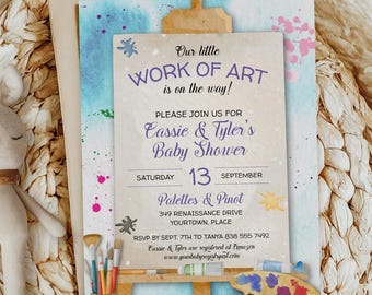 Art Baby Shower Invitation Template, Work of Art Baby Shower, Paint Theme Baby Shower Invite, Little Artist Watercolor, Mobile Invite
