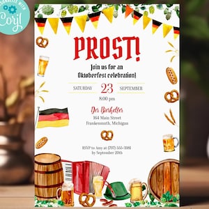Può includere: Invito all'Oktoberfest con illustrazioni ad acquerello di birra, pretzel e una bandiera tedesca. L'invito recita "PROST!" e include i dettagli dell'evento come data, ora e luogo.