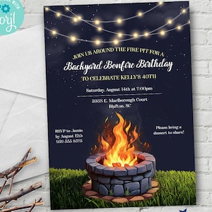 Backyard Fire Pit Bonfire Cookout, Birthday Party, BBQ Invitation | 5x7, 2-sided | Editable Digital Printable Template | Edit Online & Print
