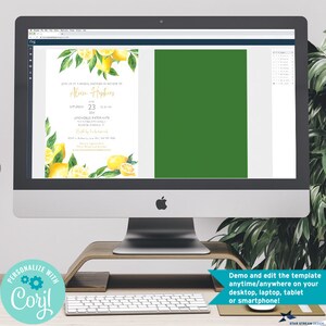 K&ouml;nnte beinhalten: Ein Computerbildschirm zeigt eine Zitronen-gestaltete Einladung zu einer Brautdusche mit gr&uuml;nem Hintergrund. Die Einladung enth&auml;lt den Text "Join us at a bridal shower in honor of Alice Hopkins" und "Saturday, June 23, 2021, 12:30 PM" und "Limoncello Ristorante". Der Text "Personalize with Corjl" wird in einem Kreis mit blauem Hintergrund und Zahnr&auml;dern angezeigt. Der Text "Demo and edit the template anytime/anywhere on your desktop, laptop, tablet or smartphone!" wird unter dem Computerbildschirm angezeigt.