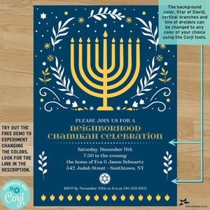 K&ouml;nnte beinhalten: Eine dunkelblaue rechteckige Einladungskarte mit einer zentralen gelben Menora-Grafik, wei&szlig;en botanischen Akzenten und goldenem Text, der PLEASE JOIN US FOR A NEIGHBORHOOD CHANUKAH CELEBRATION lautet, inklusive Veranstaltungsdetails, Davidstern und Dreidels.