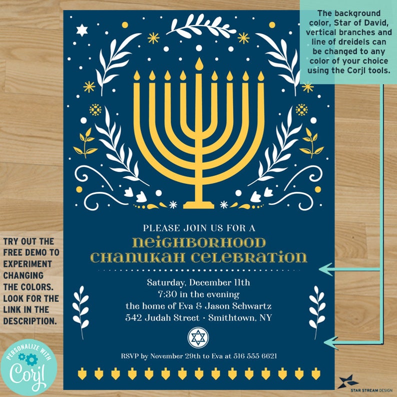 K&ouml;nnte beinhalten: Eine dunkelblaue rechteckige Einladungskarte mit einer zentralen gelben Menora-Grafik, wei&szlig;en botanischen Akzenten und goldenem Text, der PLEASE JOIN US FOR A NEIGHBORHOOD CHANUKAH CELEBRATION lautet, inklusive Veranstaltungsdetails, Davidstern und Dreidels.