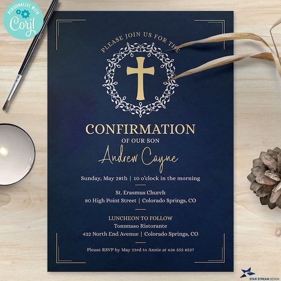 Blue Cross Wreath Confirmation Invitation | 2-sided, 5x7 | Editable Printable Digital Template | Edit Online & Print Il_570xn