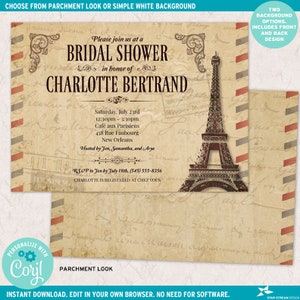 May include: A bridal shower invitation with a vintage parchment background, featuring a dark brown Eiffel Tower illustration, red and grey airmail border stripes, and cursive script text. The invitation includes event details for Charlotte Bertrand.
