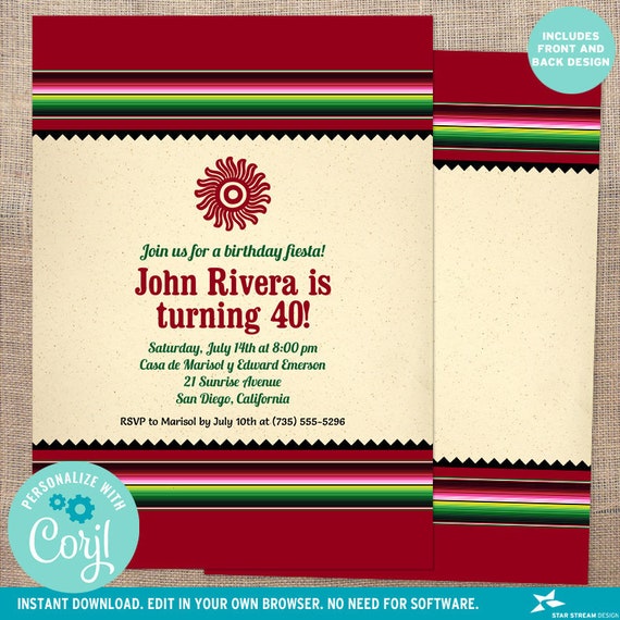 Mexican Serape Party Cinco de Mayo Fiesta Invitation | 2-sided, 5x7 | Editable Printable Template | Edit Online & Print Yourself Il_570xn