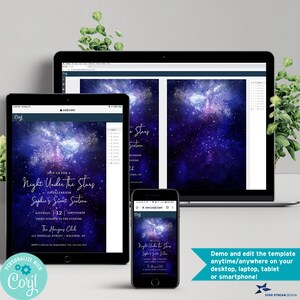 May include: A digital invitation template for a Sweet Sixteen party with a galaxy theme. The invitation features a dark blue background with a galaxy of stars and a white text overlay that reads "Night Under the Stars" and "Sophie's Sweet Sixteen".