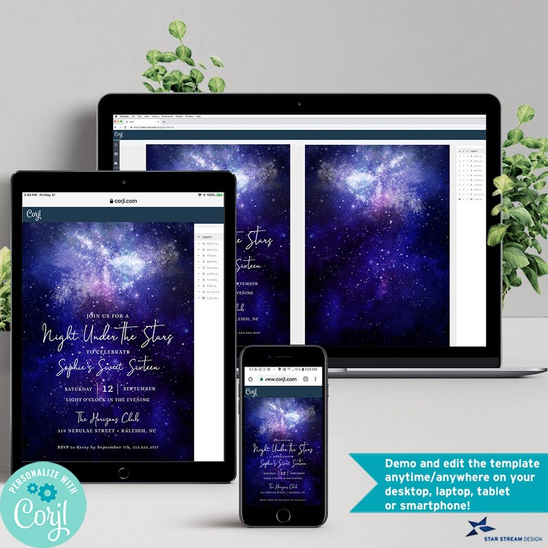 May include: A digital invitation template for a Sweet Sixteen party with a galaxy theme. The invitation features a dark blue background with a galaxy of stars and a white text overlay that reads "Night Under the Stars" and "Sophie's Sweet Sixteen".