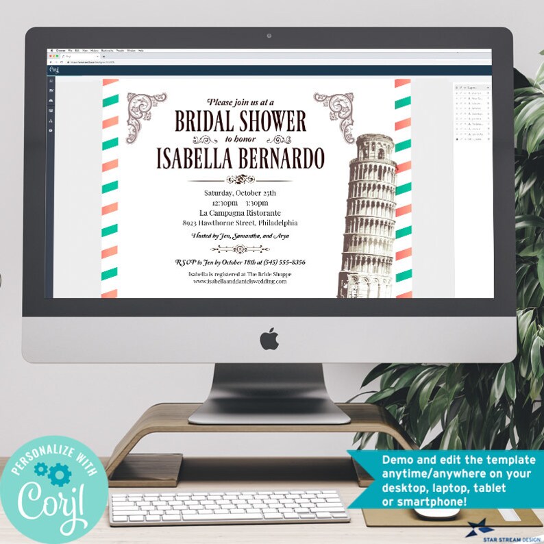 May include: A computer monitor displaying a bridal shower invitation template for Isabella Bernardo. The design features a Leaning Tower of Pisa illustration, red and green striped borders, and text details including the date, time, and location.