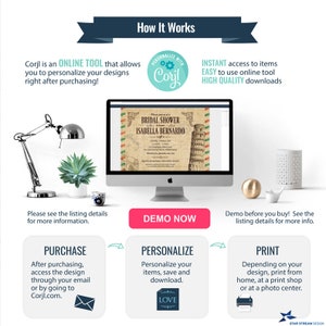 May include: An infographic titled How It Works explaining the Corjl online tool for personalizing designs. It features a computer monitor displaying a bridal shower invitation with the Leaning Tower of Pisa, alongside icons for purchase, personalization, and printing steps.