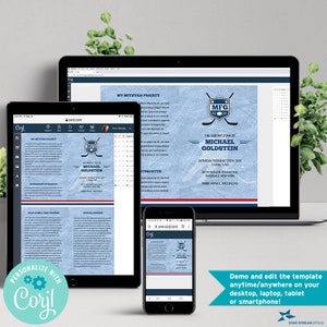 May include: A digital template for a Bar Mitzvah invitation with a hockey theme. The template features a blue and white background with a hockey stick and puck, and the text "The Bar Mitzvah of Michael Goldstein".