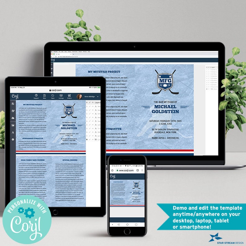 May include: A digital template for a Bar Mitzvah invitation with a hockey theme. The template features a blue and white background with a hockey stick and puck, and the text "The Bar Mitzvah of Michael Goldstein".