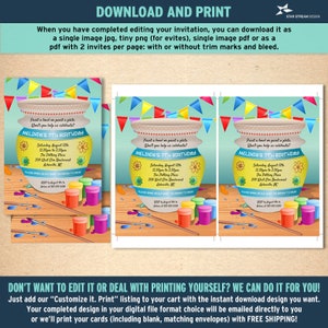 May include: A printable invitation for a 7th birthday party with a paint your own pottery theme. The invitation features a colorful bowl with paintbrushes and paint pots. The text on the invitation reads "Paint a bowl or paint a plate. Won't you help us celebrate? Melinda's 7th Birthday. Saturday August 12th 12:30pm to 2:30pm The Pottery Place 209 West Elm Boulevard Asheville, NC"