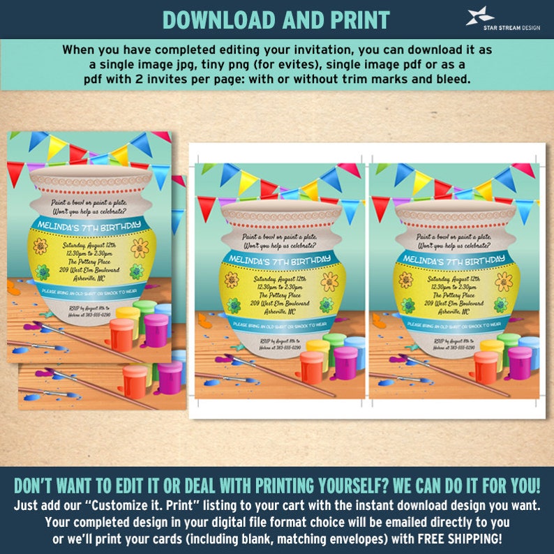 May include: A printable invitation for a 7th birthday party with a paint your own pottery theme. The invitation features a colorful bowl with paintbrushes and paint pots. The text on the invitation reads "Paint a bowl or paint a plate. Won't you help us celebrate? Melinda's 7th Birthday. Saturday August 12th 12:30pm to 2:30pm The Pottery Place 209 West Elm Boulevard Asheville, NC"