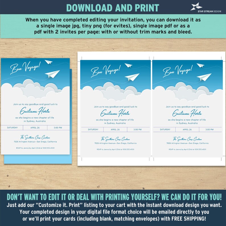 May include: A printable invitation for a going away party. The invitation features a blue sky with white clouds and a paper airplane. The text on the invitation reads "Bon Voyage!" and "Join us to say goodbye and good luck to Guiliana Horta as she begins a new chapter of life in Sydney, Australia". The invitation also includes the date and time of the party, as well as the location.
