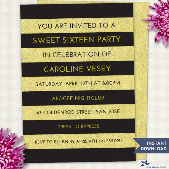 Faux Gold and Black Stripes Party Printable Invitation Template, Editable PDF Instant Download Il_570xn