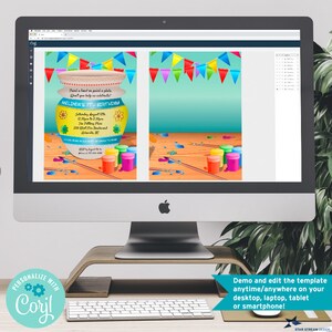 May include: A computer screen displaying a colorful invitation for a paint-your-own pottery birthday party. The invitation features a yellow and brown pottery pot with flowers and the text "Paint a pot or paint a plate, what you help us celebrate? Melinda's 7th Birthday. Saturday August 12th, 12:30pm to 2:30pm, The Pottery Place, 209 West Blue Boulevard, Anywhere, MT. RSVP by August 5th to [phone number]."