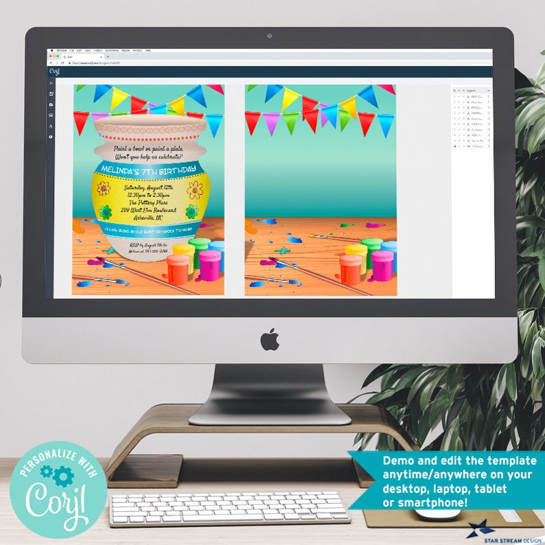 May include: A computer screen displaying a colorful invitation for a paint-your-own pottery birthday party. The invitation features a yellow and brown pottery pot with flowers and the text "Paint a pot or paint a plate, what you help us celebrate? Melinda's 7th Birthday. Saturday August 12th, 12:30pm to 2:30pm, The Pottery Place, 209 West Blue Boulevard, Anywhere, MT. RSVP by August 5th to [phone number]."