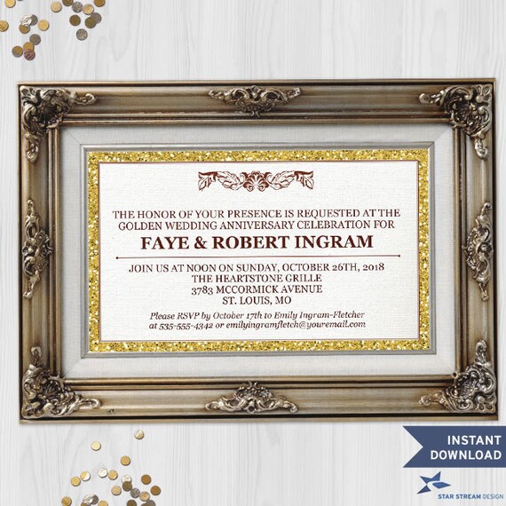 Printable Faux Glitter Picture Frame Gold 50th Wedding Anniversary Party Invitation Template 7 X5 Invites Editable Pdf Instant