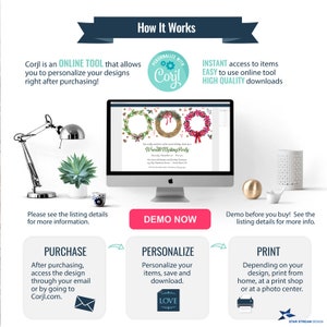May include: An image showing the steps to personalize and print a design using Corjl. The process includes purchasing, personalizing, and printing. A computer screen displays wreath designs. The text reads "How It Works" and "Demo Now".