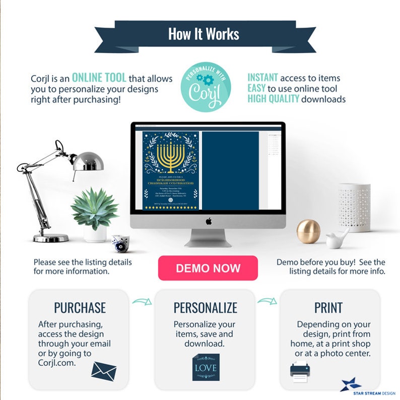 K&ouml;nnte beinhalten: Eine Anleitungsgrafik mit dem Titel How It Works, die das Online-Tool Corjl zur Personalisierung von Designs erkl&auml;rt. Sie zeigt einen Computermonitor mit einer Chanukka-Einladung, eine Schreibtischlampe, eine Sukkulente und einen rosa Button DEMO NOW.