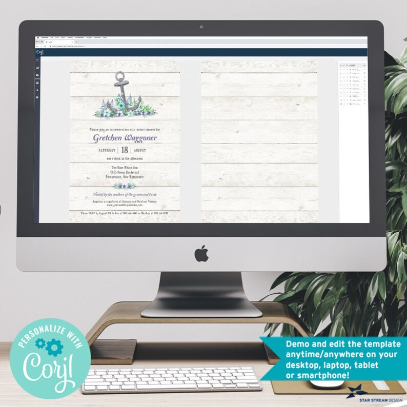 Puede incluir: Una pantalla digital que muestra una invitaci&oacute;n de despedida de soltera blanca y azul con un ancla y un dise&ntilde;o floral. El texto de la invitaci&oacute;n dice: "Por favor, &uacute;nase a nosotros para celebrar una despedida de soltera para Gretchen Waggoner S&aacute;bado, 18 de agosto The Blue Whale Inn 123 Shore Boulevard Portsmouth, New Hampshire Organizado por las madres del novio y la novia RSVP antes del 10 de agosto a [email protected] o llame al 123-456-7890"