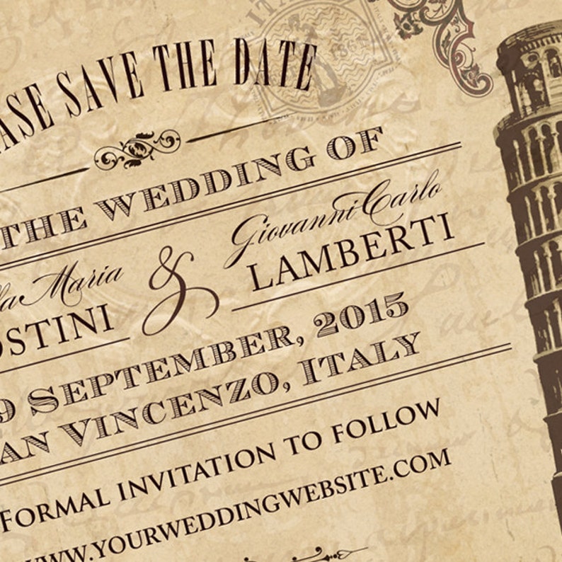 Vintage Italian Wedding Save the Date Card Printable, Evite or Printed US Only Invitations image 4