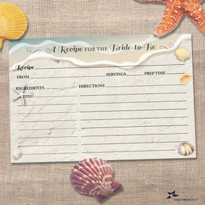 Tarjeta con receta imprimible para despedida de soltera, boda, playa, arena y conchas al borde del agua, descarga instantánea en formato JPG y PDF (no editable)