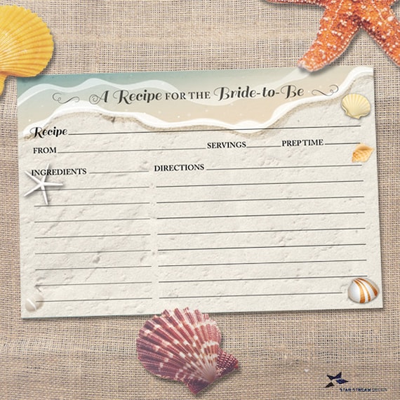 Water's Edge Sand and Shells Beach Bridal Wedding Shower Printable Recipe Card, Instant Download JPG Il_570xn
