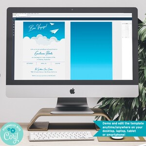May include: A computer screen displaying a blue and white invitation template with the text "Bon Voyage!" and "Join us to say goodbye and good luck to Quiliana Horta as she begins a new chapter of life in Sydney, Australia". The invitation also includes the date, time, and location of the event.