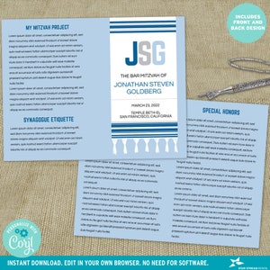 Blue Monogram Tallit Bar or Bat Mitzvah Program 11x8.5 Bifold Editable Template Edit Online & Print Yourself image 2