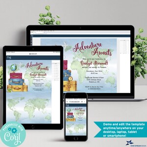 May include: A digital invitation template for a going away party. The template features a watercolor illustration of a world map with vintage suitcases and a compass. The text on the invitation reads "Adventure Awaits" and includes the name "Bridget Serreault" and details about the party. The template can be customized using the Coryl website.