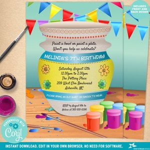 May include: A colorful invitation for a 7th birthday party with a painted pottery theme. The invitation features a yellow and blue pottery jar with flowers and the text "Melinda's 7th Birthday". The invitation also includes the date, time, and location of the party, as well as a request for guests to bring an old shirt or smock to wear.
