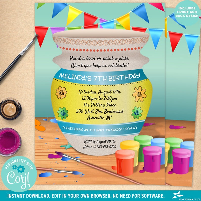 May include: A colorful invitation for a 7th birthday party with a painted pottery theme. The invitation features a yellow and blue pottery jar with flowers and the text "Melinda's 7th Birthday". The invitation also includes the date, time, and location of the party, as well as a request for guests to bring an old shirt or smock to wear.