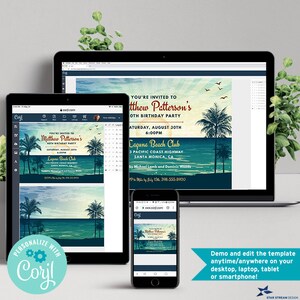May include: A digital mockup of a beach-themed birthday invitation template. The invitation features a sunset over the ocean with palm trees and the text "You're invited to Matthew Patterson's 40th Birthday Party" and "Laguna Beach Club". The invitation is displayed on a laptop, tablet, and smartphone.