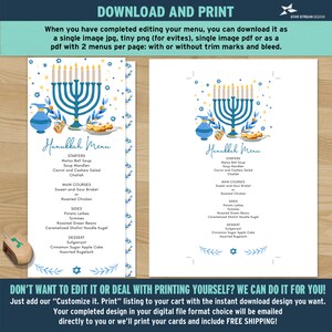 May include: A printable Hanukkah menu design featuring a blue menorah, a blue vase, and a plate of food. The menu includes starters, main courses, sides, and dessert options. The text "Hanukkah Menu" is displayed at the top.