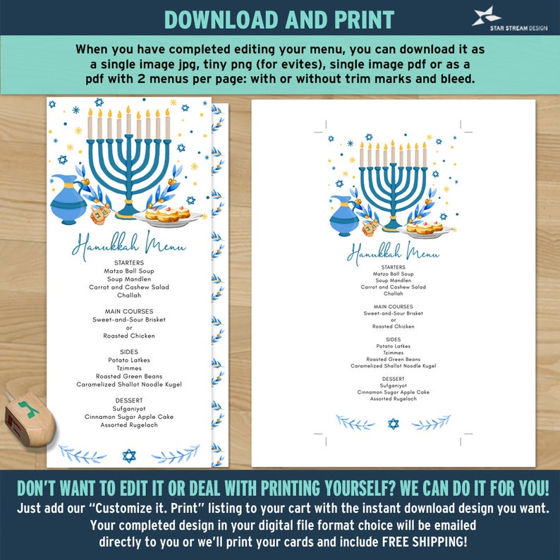 May include: A printable Hanukkah menu design featuring a blue menorah, a blue vase, and a plate of food. The menu includes starters, main courses, sides, and dessert options. The text "Hanukkah Menu" is displayed at the top.