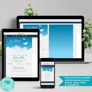 May include: A computer screen, tablet, and smartphone displaying a blue and white invitation template with the text "Bon Voyage!" and "Join us to say goodbye and good luck to Guiliana Herta as she begins a new chapter of life in Sydney, Australia. Saturday, April 26, 3:00 PM. The Sunthorn Crew Calen, 7026 Arlington Avenue, San Diego, California. RSVP to Jenna by April 2nd at 555-555-4321."
