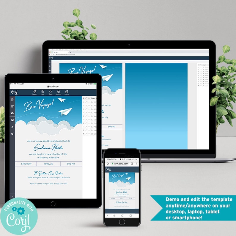 May include: A computer screen, tablet, and smartphone displaying a blue and white invitation template with the text "Bon Voyage!" and "Join us to say goodbye and good luck to Guiliana Herta as she begins a new chapter of life in Sydney, Australia. Saturday, April 26, 3:00 PM. The Sunthorn Crew Calen, 7026 Arlington Avenue, San Diego, California. RSVP to Jenna by April 2nd at 555-555-4321."