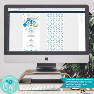 May include: A computer screen displays a Hanukkah menu template with a blue and gold menorah design. The menu includes starters, main courses, and desserts. The screen also shows a matching pattern and the text "Personalize with Corjl."